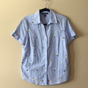 Preppy Blue Pinstripe Cotton Short Sleeve Button Down Shirt Embroidered Lemons